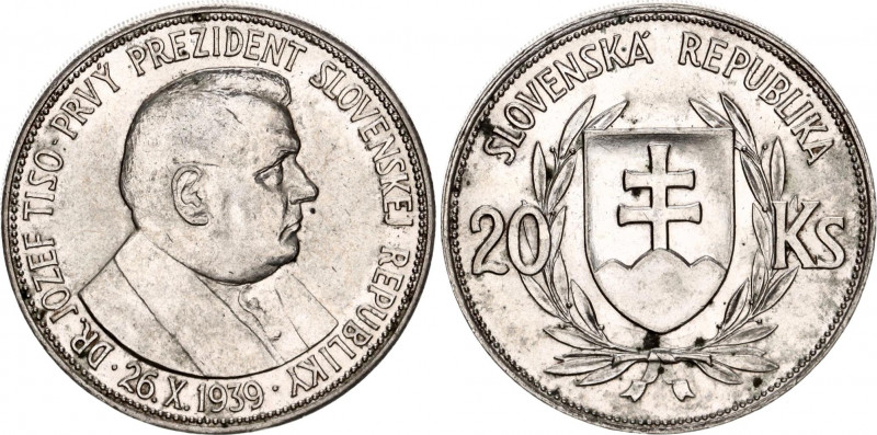 Slovakia 20 Korun 1939
KM# 3, Schön# 8; Silver; The first president of Slovak R...