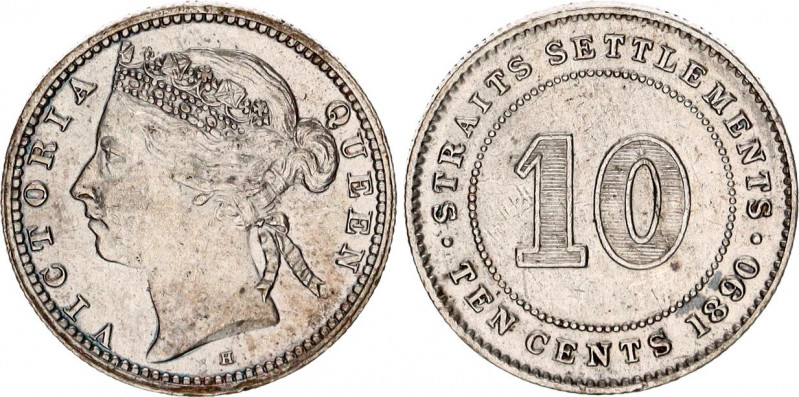 Straits Settlements 10 Cents 1890 H
KM# 11; Silver; Victoria; Mint: Heaton's Mi...