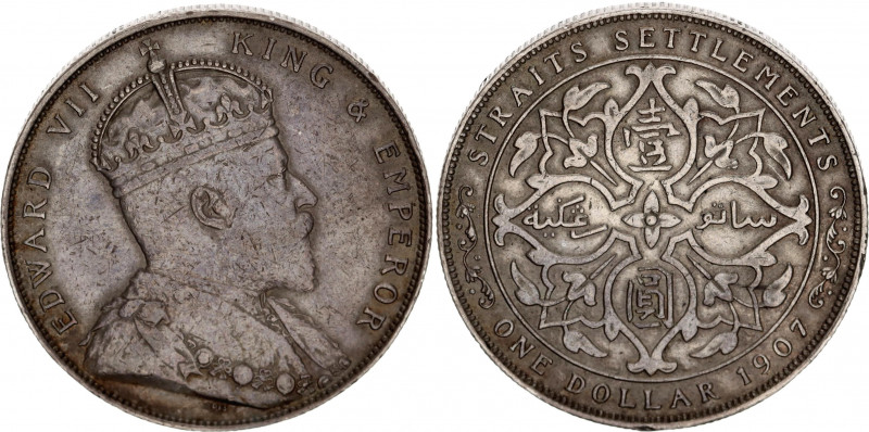 Straits Settlements 1 Dollar 1907
KM# 26; Dav. 304; Silver; Edward VII; Mint: R...