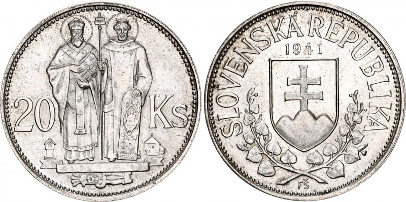 Slovakia 20 Korun 1941
KM# 7, Schön# 9; Silver; St. Cyril and St. Methodius; AU...