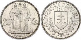 Slovakia 20 Korun 1941
KM# 7.1, Schön# 9; N# 6483; Silver; St. Cyril and St. Methodius; AUNC-UNC