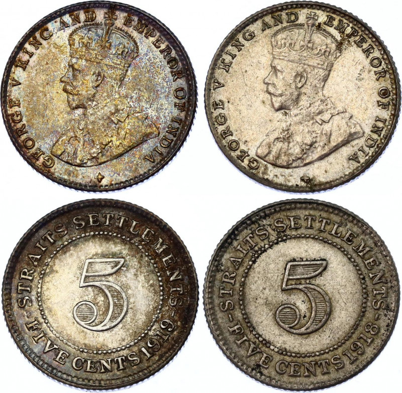 Straits Settlements 2 x 5 Cents 1918 - 1919
KM# 31; Silver; George V; AUNC/UNC ...