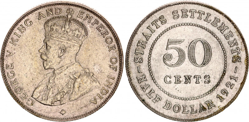 Straits Settlements 50 Cents 1919
KM# 35.1; Silver; George V; Mint: Bombay; XF-...