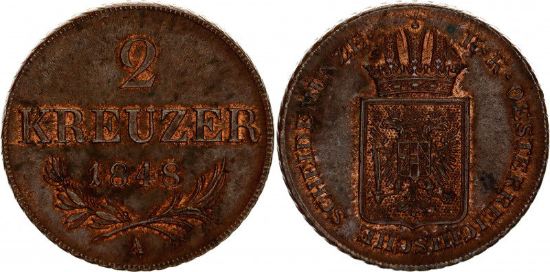 Austria 2 Kreuzer 1848 A
KM# 2188; N# 22368; Ferdinand I; UNC, mint luster rema...