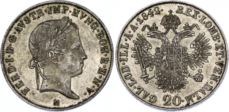 Austria 20 Kreuzer 1842 M
KM# 2208, Adamo# D7; N# 18459; Silver; Ferdinand I; X...