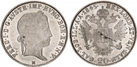 Austria 20 Kreuzer 1845 M
KM# 2208; N# 18459; Silver 6.63 g.; Ferdinand I; Mint: Milan; AUNC