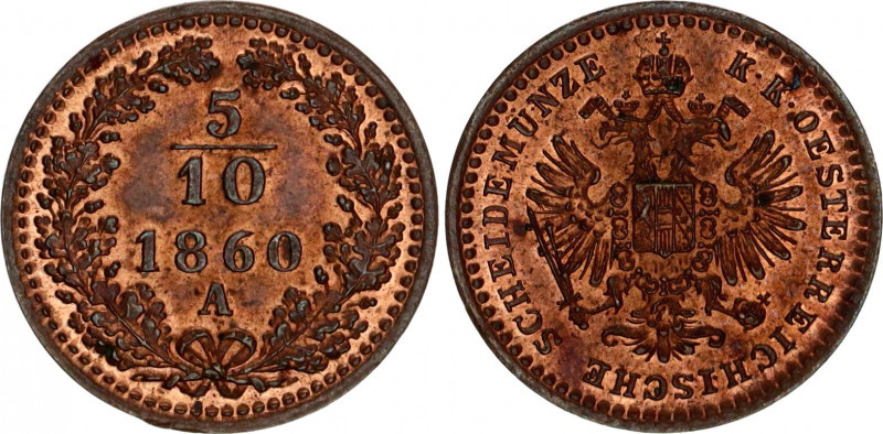 Austria 5/10 Kreuzer 1860 A
KM# 2182; N# 19281; Franz Joseph I; UNC with full m...