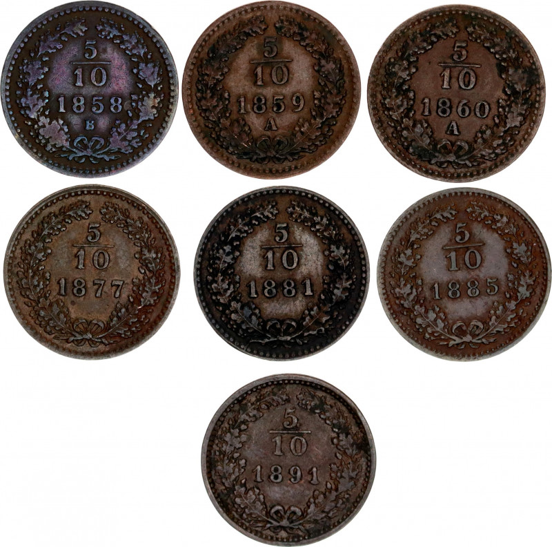 Austria 7 x 5/10 Kreuzer 1858 - 1891
KM# 2182, 2183, 2184; Various mintmarks & ...