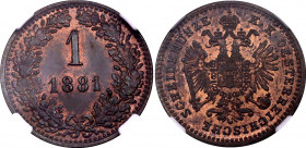 Austria 1 Kreuzer 1881 NGC MS 64 RB
KM# 2186; Copper; Franz Joseph I; Mint luster remains
