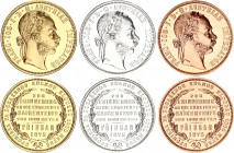 Austria Official Set of Gold, Silver & Copper Pribram Florin 1875 (2021) Restrike
Gold (.986) 22.5 g., 29 mm., Mintage 50 pcs; Silver (.900) 12.5 g.,...