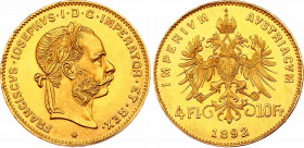 Austria 4 Florin / 10 Francs 1892 Restrike
KM# 2260; N# 23664; Gold (.900) 3.23 g.; Franz Joseph I; UNC
