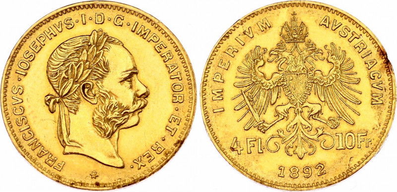 Austria 4 Florin / 10 Francs 1892 Restrike
KM# 2260; N# 23664; Gold (.900); Fra...