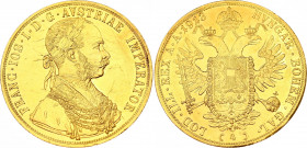 Austria 4 Dukat 1913
KM# 2276; Gold (.986) 13.84 g., 40 mm.; Franz Joseph I; AU-UNC with harsh scratches, mint luster.