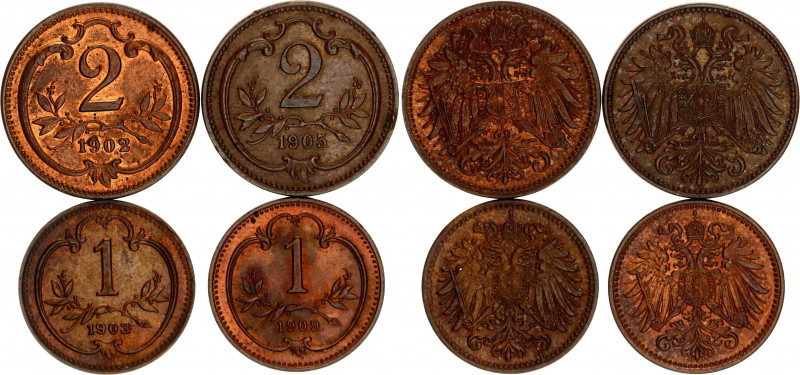 Austria Lot of 4 Coins 1902 - 1909
KM# 2800, 2801; 2 x 1 Heller & 2 x 2 Heller ...