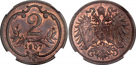 Austria 2 Heller 1907 NGC MS 64 BN
KM# 2801; Bronze; Franz Joseph I; Mint luster remains