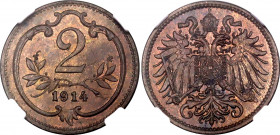 Austria 2 Heller 1914 NGC MS 64 BN
KM# 2801; Bronze; Franz Joseph I