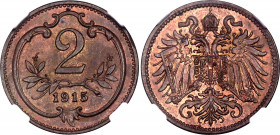 Austria 2 Heller 1915 NGC MS 64 BN
KM# 2801; Bronze; Franz Joseph I