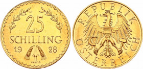 Austria 25 Schilling 1928
KM# 2841; Fr# 521; N# 14763; Gold (.900) 5.88 g.; Mint: Vienna; UNC Prooflike