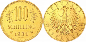 Austria 100 Schilling 1931
KM# 2842; N# 15149; Gold (.900) 23.53 g.; Mint: Vienna; AUNC- Prooflike
