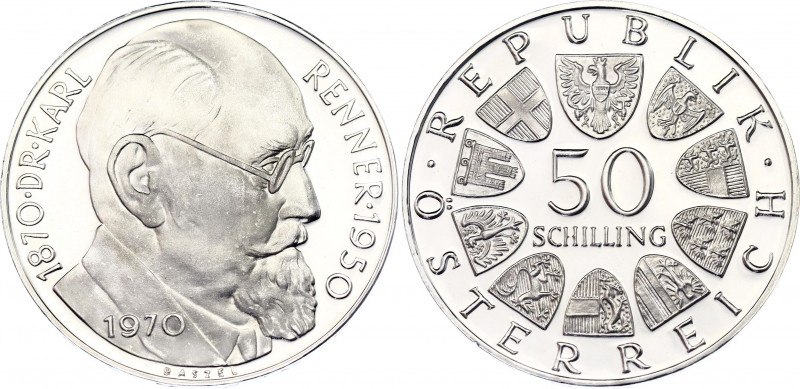 Austria 50 Schilling 1970 Proof
KM# 2909; 100th Anniversary of birth of Karl Re...