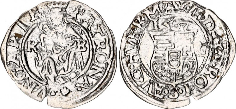 Hungary 1 Denar 1567 KB
ÉH# 766; Silver 0.30 g.; Maximilian I; VF/XF