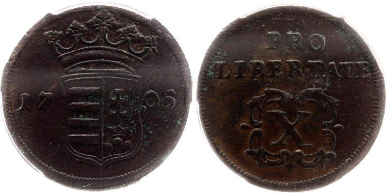Hungary 10 Poltura 1705 PCGS XF Detail
KM# 264.1; ÉH# 1133a; Copper; Francis II...