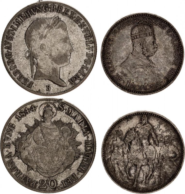 Hungary 20 Krajczar & 1 Korona 1844 - 1896
KM# 422 & 486; Silver; Ferdinand V &...