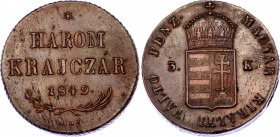 Hungary 3 Krajczar 1849 NB
ÉH# 1431, KM# 434, H# 2095, Adamo# B2; N# 23190; Copper; War of Independence; XF-AUNC