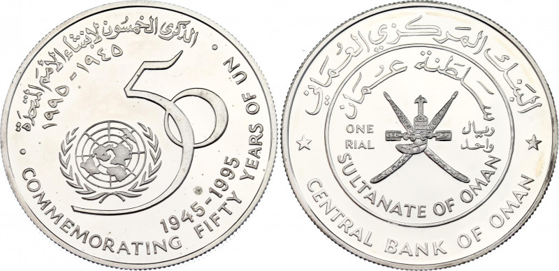 Oman 1 Rial 1995
KM# 145; Silver., Proof; Qaboos; 50th Anniversary of the Unite...