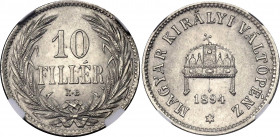 Hungary 10 Filler 1894 KB NGC MS 63
KM# 482; Nickel; Franz Joseph I; With mint luster