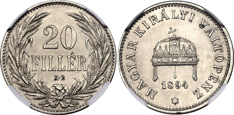 Hungary 20 Filler 1894 KB NGC MS 62
KM# 483; Nickel; Franz Joseph I