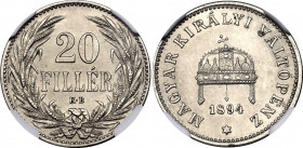 Hungary 20 Filler 1894 KB NGC MS 62
KM# 483; Nickel; Franz Joseph I