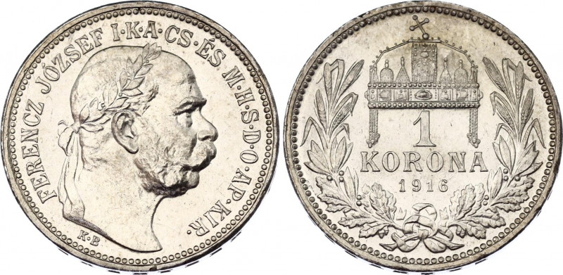 Hungary 1 Korona 1916 KB
KM# 492, ÉH# 1495, H# 2204, Adamo# K5.1; N# 12865; Sil...