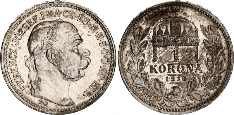 Hungary 1 Korona 1916 KB
KM# 492; ÉH# 1495; N# 12865; Silver; Franz Joseph I; M...