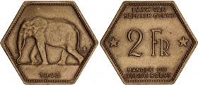 Belgian Congo 2 Francs 1943
KM# 25; LA# BCM-16; N# 7011; Brass; Léopold III; AUNC