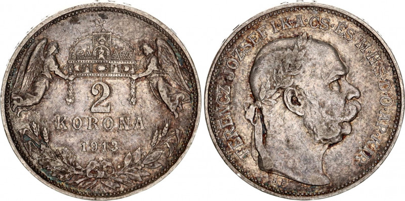 Hungary 2 Korona 1913 KB
KM# 493, ÉH# 1494, H# 2202, Adamo# K6; N# 10991; Silve...