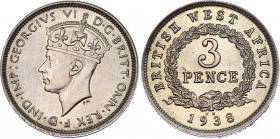 British West Africa 3 Pence 1938 KN
KM# 21; Copper-Nickel; George VI; Mint: Kings Norton Metal Company, Birmingham; UNC