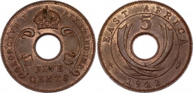 East Africa 5 Cents 1922
KM# 91; Bronze; George V; UNC