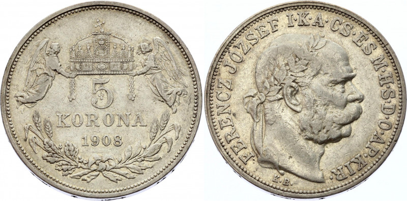 Hungary 5 Korona 1908 KB
KM# 488; Silver; Franz Joseph I