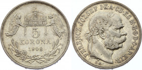 Hungary 5 Korona 1908 KB
KM# 488; Silver; Franz Joseph I