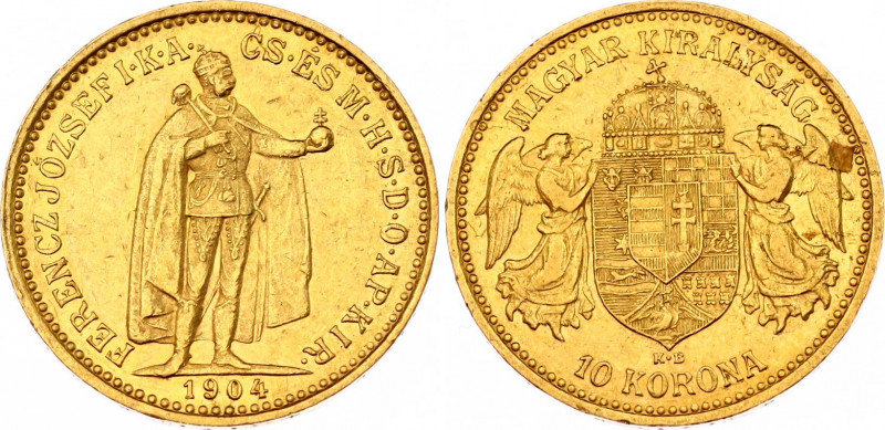 Hungary 10 Korona 1904 KB
KM# 485, ÉH# 1491, H# 2200, Adamo# K8; N# 10813; Gold...