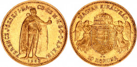 Hungary 10 Korona 1908 KB
KM# 485, ÉH# 1491, H# 2200, Adamo# K8; N# 10813; Gold (.900); 3.3875g.; Franz Joseph I; XF