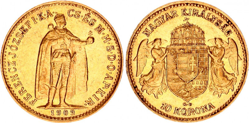 Hungary 10 Korona 1909 KB
KM# 485, ÉH# 1491, H# 2200, Adamo# K8; N# 10813; Gold...