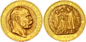 Hungary 100 Korona 1907 KB
KM# 490, ÉH# 1487, H# 2213, Adamo# K10.1; N# 33821; Gold (.900); 33.8753g.; 40th Anniversary of the Coronation of Franz Jo...