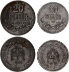 Hungary 10 - 20 Filler 1915 - 1921 KB
KM# 496, 498; Iron; Karl IV; XF