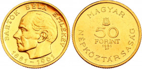 Hungary 50 Forint 1961 BP
KM# 562; ÉH# 1564; N# 34298; Gold (.986) 3.84 g.; 80th Anniversary of birth of Béla Bartók; Mint: Budapest; Mintage 2503; U...