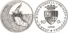 Andorra 10 Dinars 1996
KM# 127; Silver., Proof; Wildlife Protection series, diving European Otter