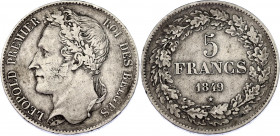 Belgium 5 Francs 1849
KM# 3.2, LA# BFM-124, LA# BFM-125; N# 255; Silver; Leopold I; VF-XF