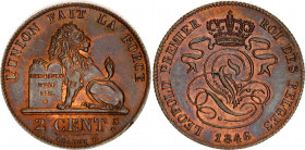 Belgium 2 Centimes 1846
KM# 4.2; Copper; Léopold I; Mint: Brussels; UNC