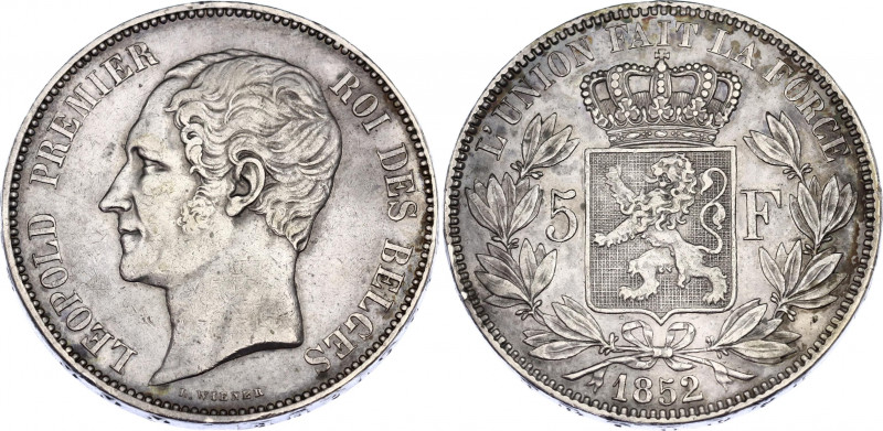 Belgium 5 Francs 1852
KM# 17; Leopold I; Silver, XF-AU, mint luster, rich dark ...